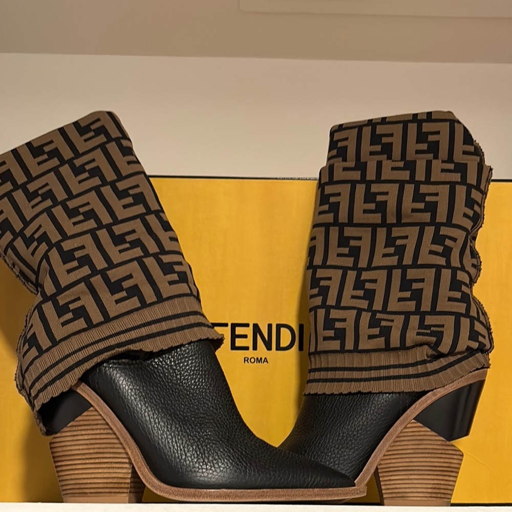 Fendi Black and Brown Heeled Boots with FF Monogram
